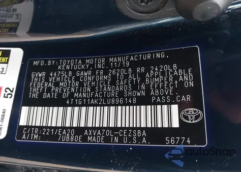 2020 Toyota Camry Se from USA, damaged, VIN 4T1G11AK2LU896148